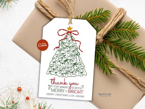 Merry and Bright Gift Tag, Hand Drawn Coquette Bow Tree Christmas, Printable and Editable Canva