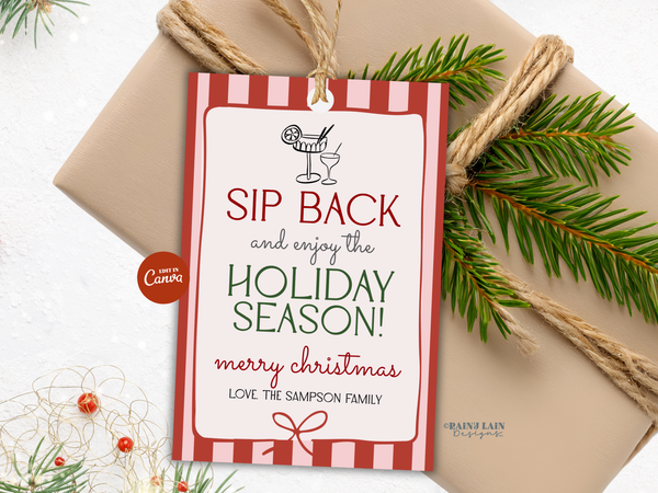 Sip Back and Enjoy the Holidays Gift Tag Template, Pink Coquette Christmas, Editable in Canva