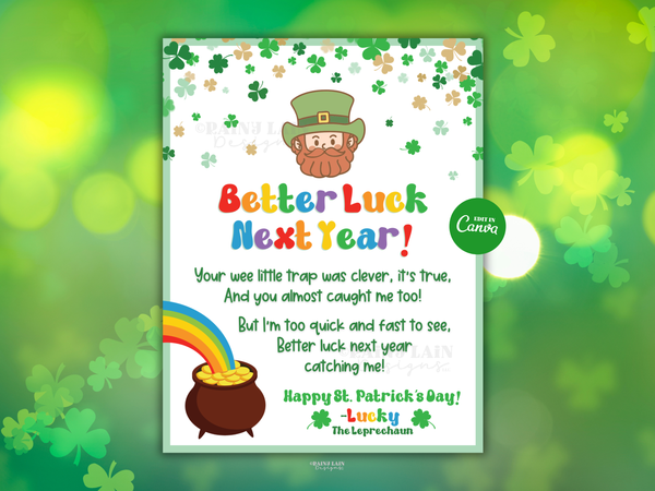 St. Patrick's Day Leprechaun Letter Printable, Editable in Canva