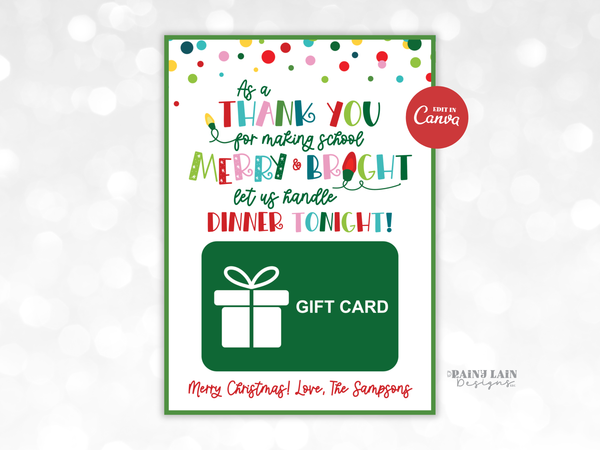 Personalized Christmas Gift Card Holder, Dinner On Us Teacher Gift Idea, Editable in Canva, Printable