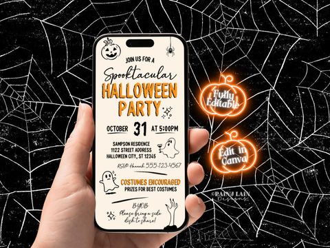 Digital Halloween Party Invitation, Hand Drawn Halloween Doodle Invite, Electronic, Phone, TextEditable Template, Digital Download, Canva