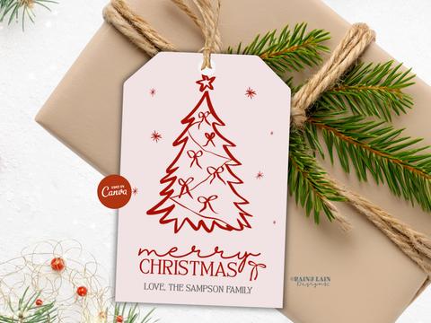 Hand Drawn Christmas Gift Tags, Coquette Bow Tree, Pink Bow, Printable and Editable Canva Template