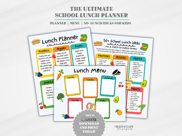 School Lunch Planner Printable, 50+ Lunchbox Ideas, Digital Download