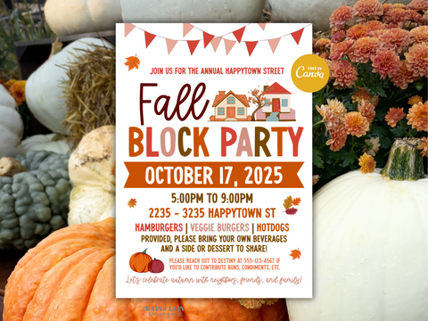 Editable Fall Block Party Flyer, Autumn Invitation, Harvest Canva Template