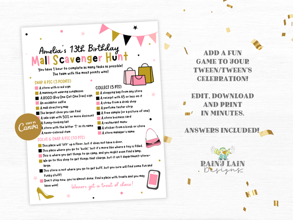 Mall Scavenger Hunt Game, Teen Birthday Party Activity, Tween Selfie Scavenger Hunt, Canva Template