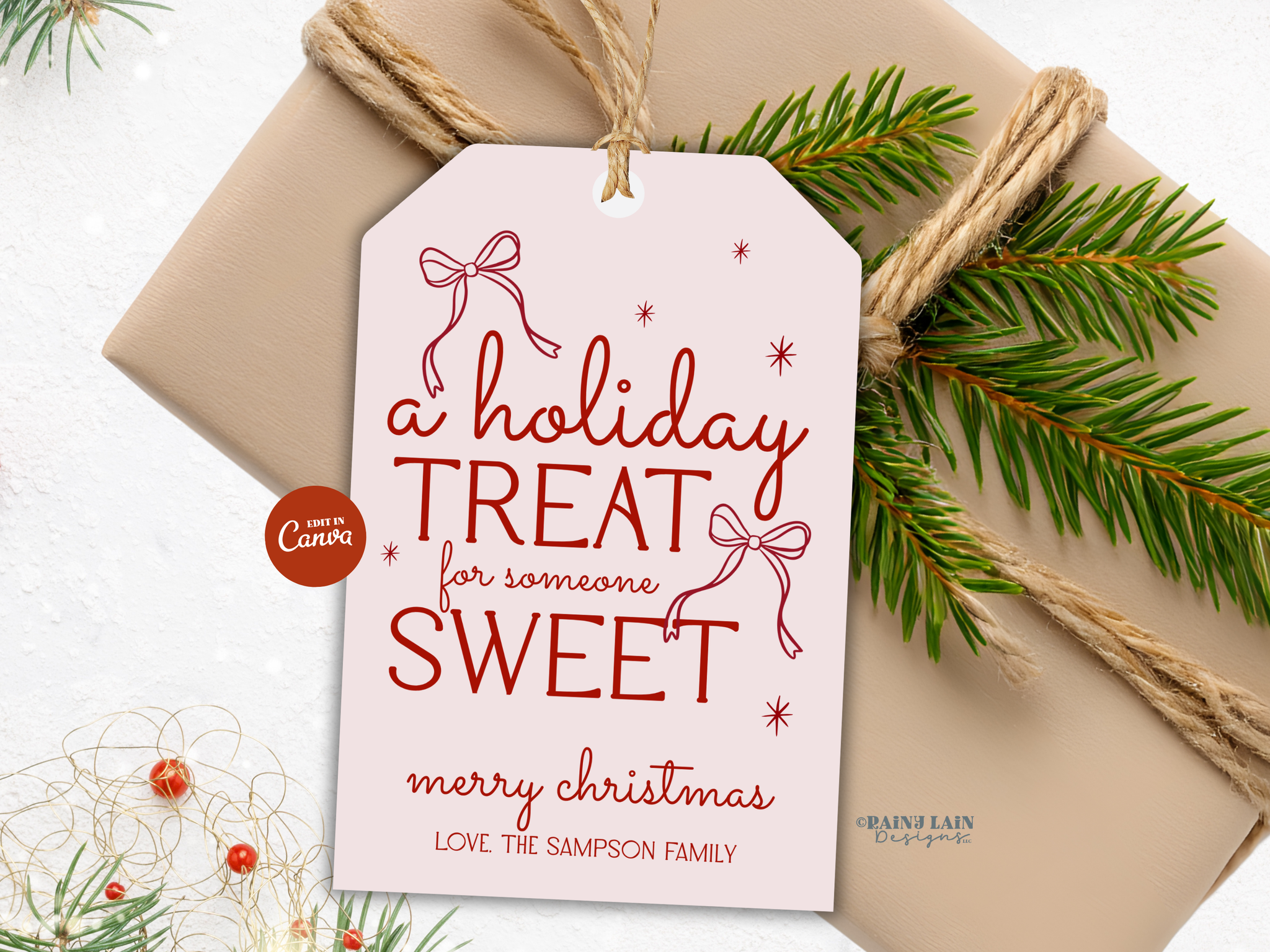 Pink Coquette Bow Holiday Treat Tag Template, Hand Drawn Christmas Gift Editable in Canva