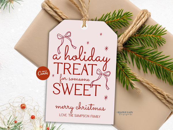 Pink Coquette Bow Holiday Treat Tag Template, Hand Drawn Christmas Gift Editable in Canva