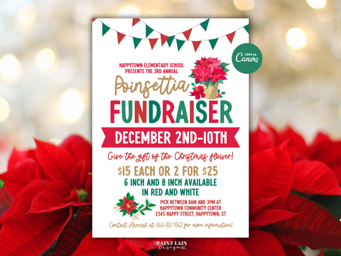 Poinsettia Fundraiser Flyer, Christmas Flower Canva Template, Editable Invitation