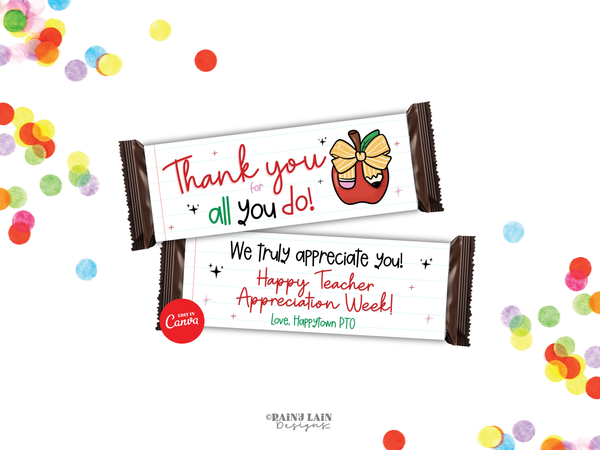Teacher Appreciation Week Candy Bar Wrapper Printable, Teacher & Staff Thank You Treat Wapper, Editable in Canva