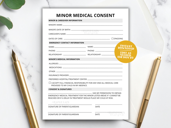 Minor Medical Consent Form, New Patient Form, Babysitter Information, In Case of Emergency