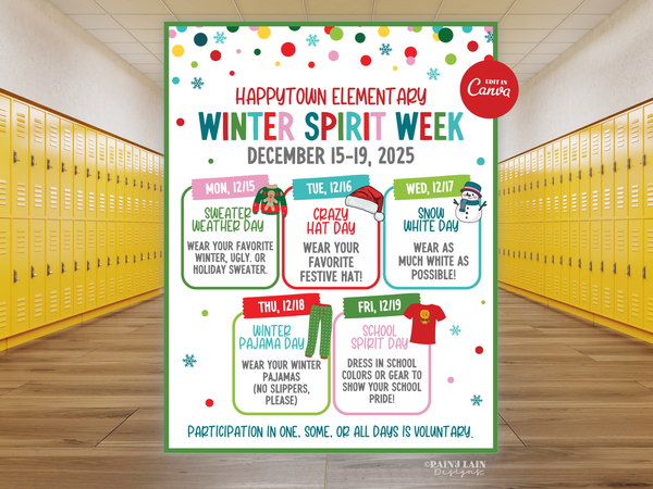 Winter School Spirit Week Flyer, Holiday PTO Templates, Editable in Canva