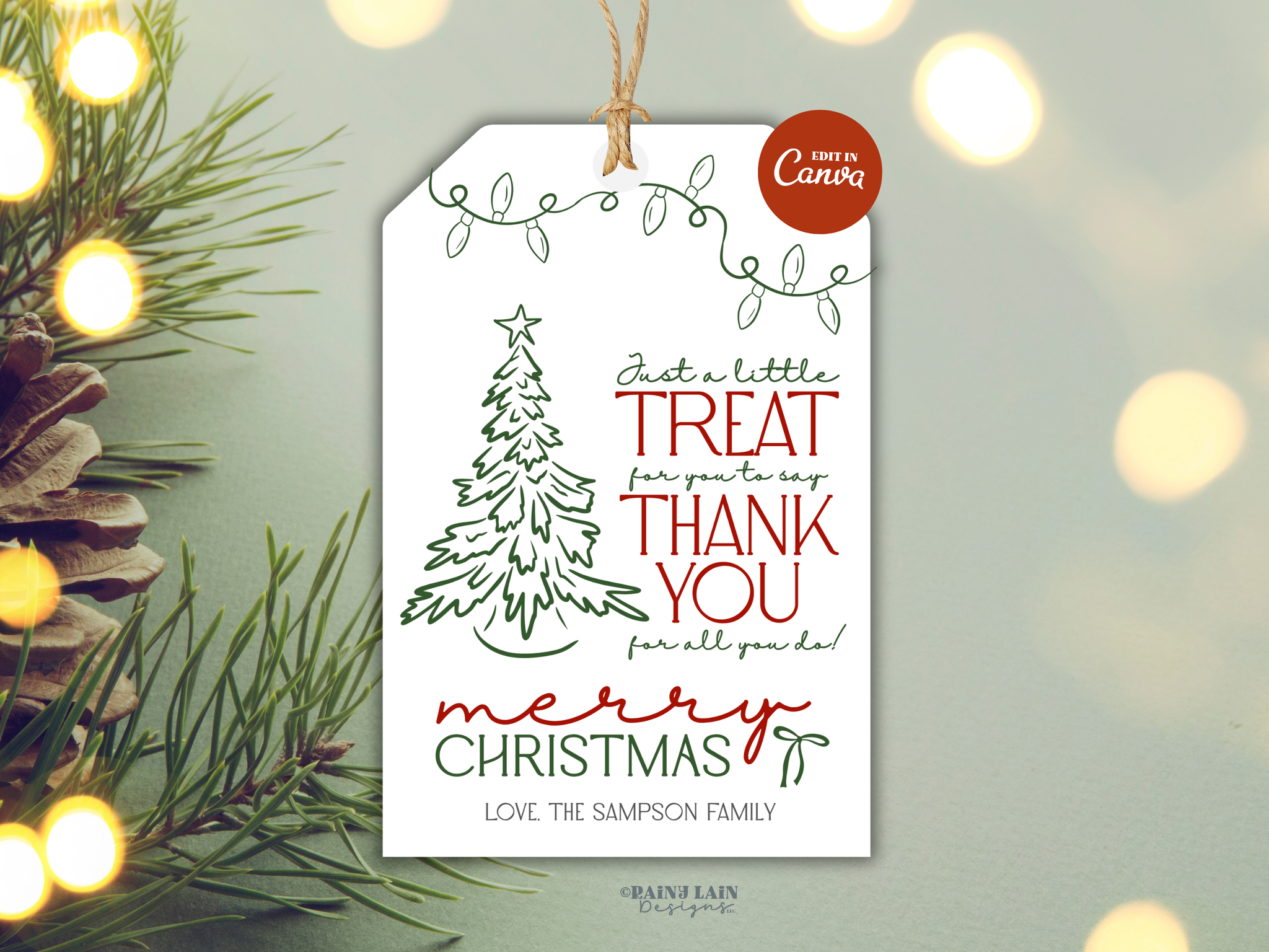 Holiday Employee Appreciation Tag, Hand Drawn Christmas Gift Tag, Printable and Editable Canva Template