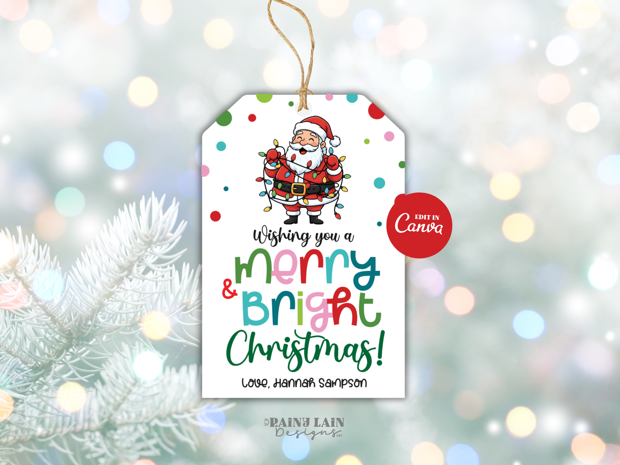 Christmas Lights Gift Tag, Merry and Bright Holiday, Printable, Editable in Canva