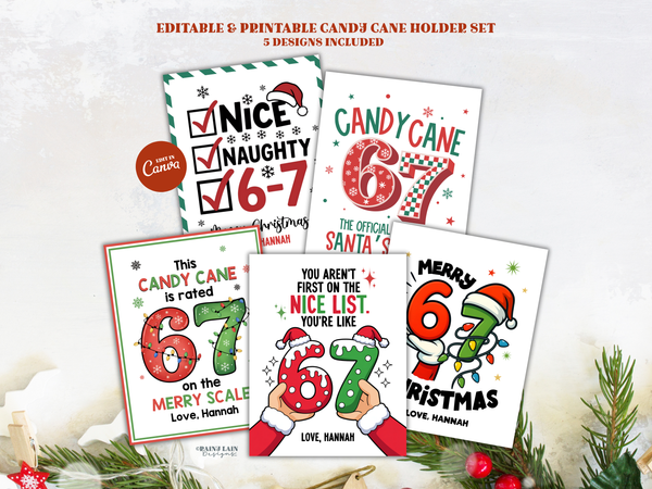 67 Christmas Candy Cane Holder Tag Set, Printable Editable Canva