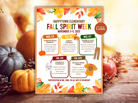 Fall School Spirit Week Flyer, PTO Templates, Editable in Canva