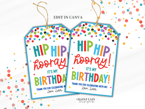Hip Hip Hooray Birthday Favor Tag, Kids Classroom Gift for Treats, Edit in Canva