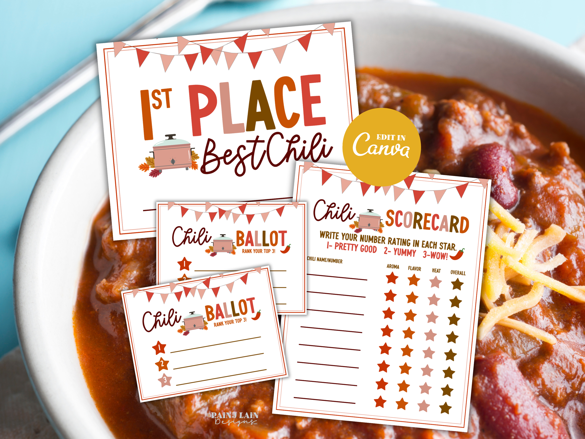 Editable Fall Chili Cook-Off Scorecard, Chili Cook Off Contest Ballot, Chili Contest Award Certificate, Chili Competition Fundraiser, Canva