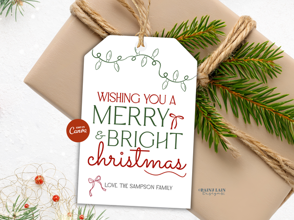 Merry and Bright Christmas Gift Tag, Hand Drawn, Coquette, Printable and Editable Canva