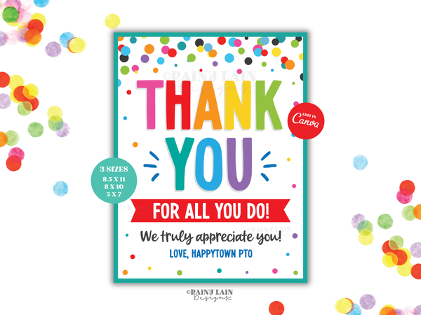 Editable Appreciation Sign or Card, Teacher Appreciation Week Canva Template, Thank you for all you do