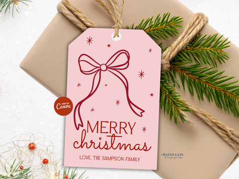 Pink Coquette Bow Christmas Gift Tags, Hand Drawn, Doodles, Printable and Editable Canva Template