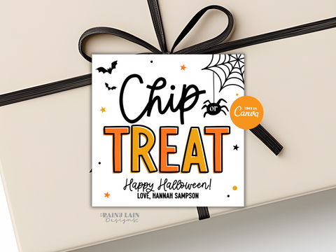 Halloween Cookie Gift Tag, Chips, Chip or Treat, Editable Printable Canva Template