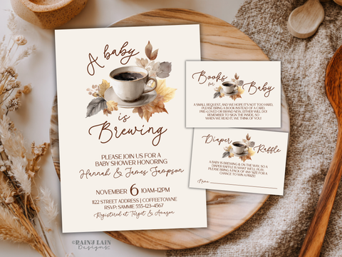 A Baby is Brewing Baby Shower Invitation Bundle, Watercolor Coffee Baby Shower Template, Editable Baby Shower Invite with Autumn Leaves