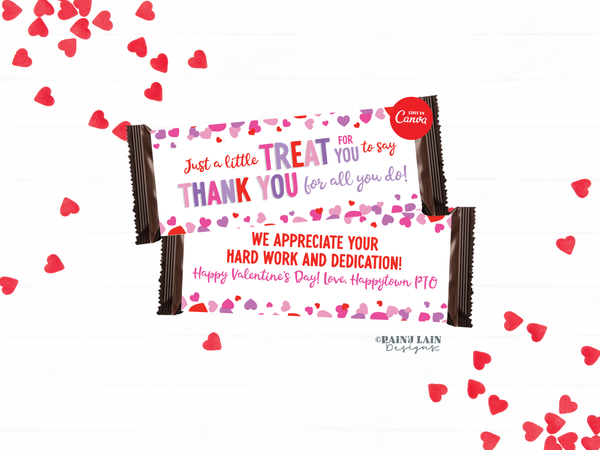 Valentine’s Day Candy Bar Wrapper Printable, Teacher & Staff Appreciation Treat, Editable Canva Heart Wrapper
