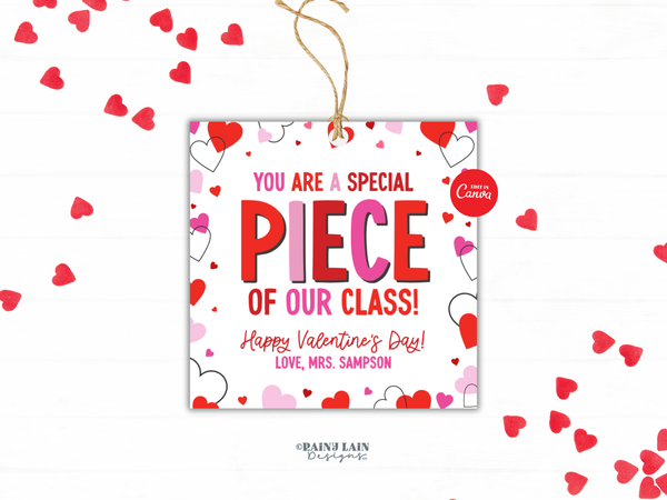 You Are a Special Piece Classroom Valentine Tag, Editable Non Candy Preschool Valentine Printable