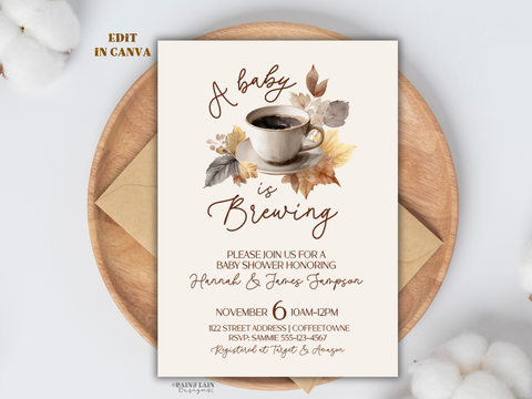 A Baby is Brewing Baby Shower Invitation, Watercolor Coffee Baby Shower Template, Editable Baby Shower Invite with Autumn Leaves
