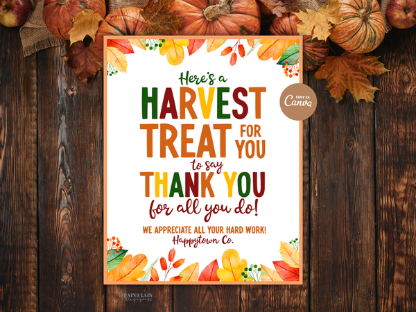 Harvest Treat Thank you Sign, Fall Appreciation Card, Thanksgiving Editable Canva Template