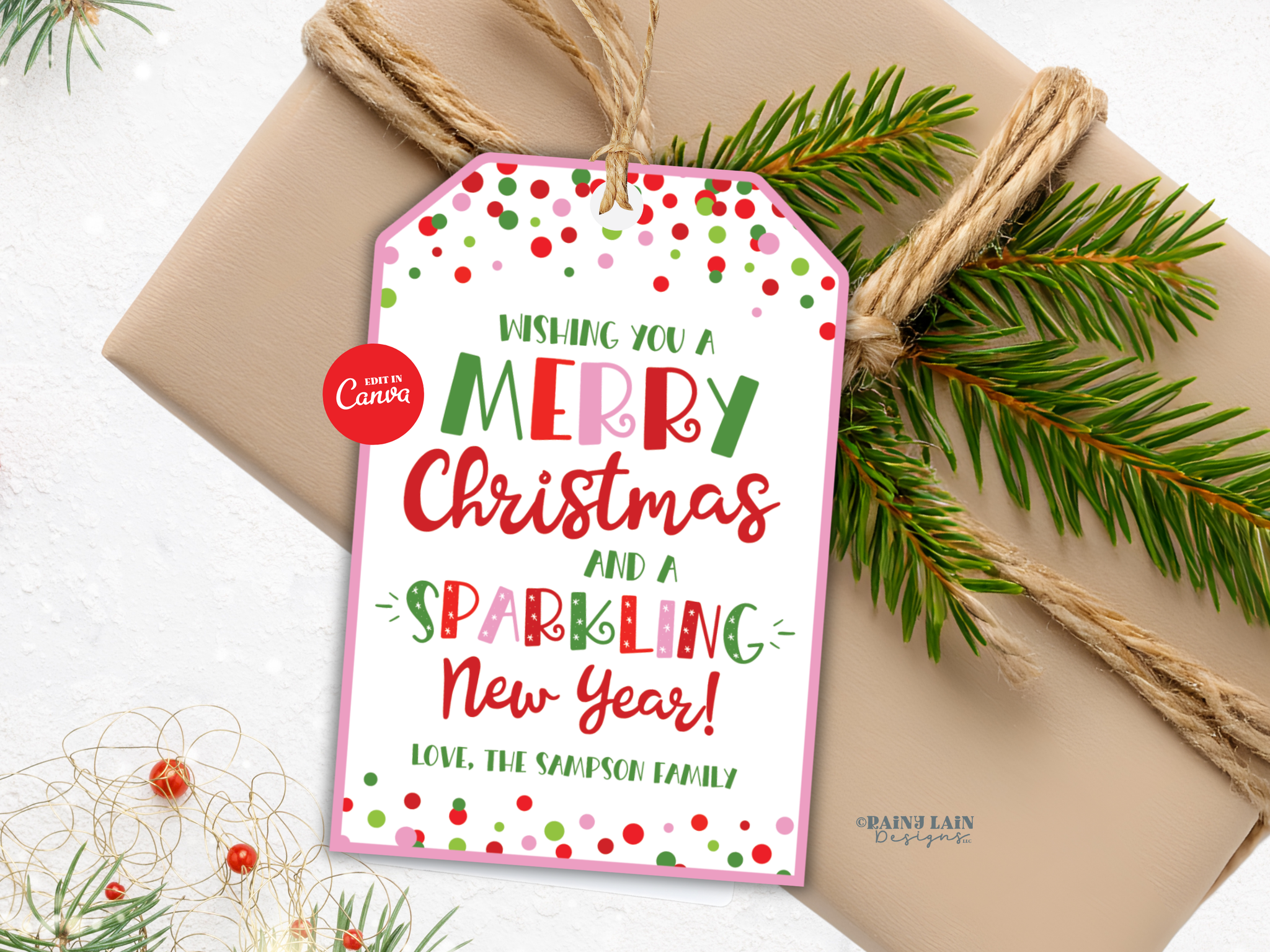 Merry Christmas and Sparkling New Year Tag, Editable Printable Pink Gift Tag