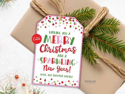 Merry Christmas and Sparkling New Year Tag, Editable Printable Pink Gift Tag