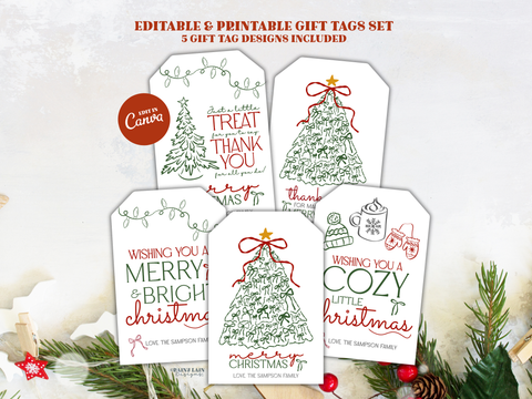 Hand Drawn Christmas Gift Tags Set, Coquette Doodle Bows, Merry and Bright, Printable Editable Canva