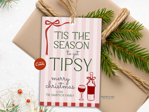 Tis the Season to Get Tipsy Gift Tag Template, Pink Coquette Christmas, Editable in Canva