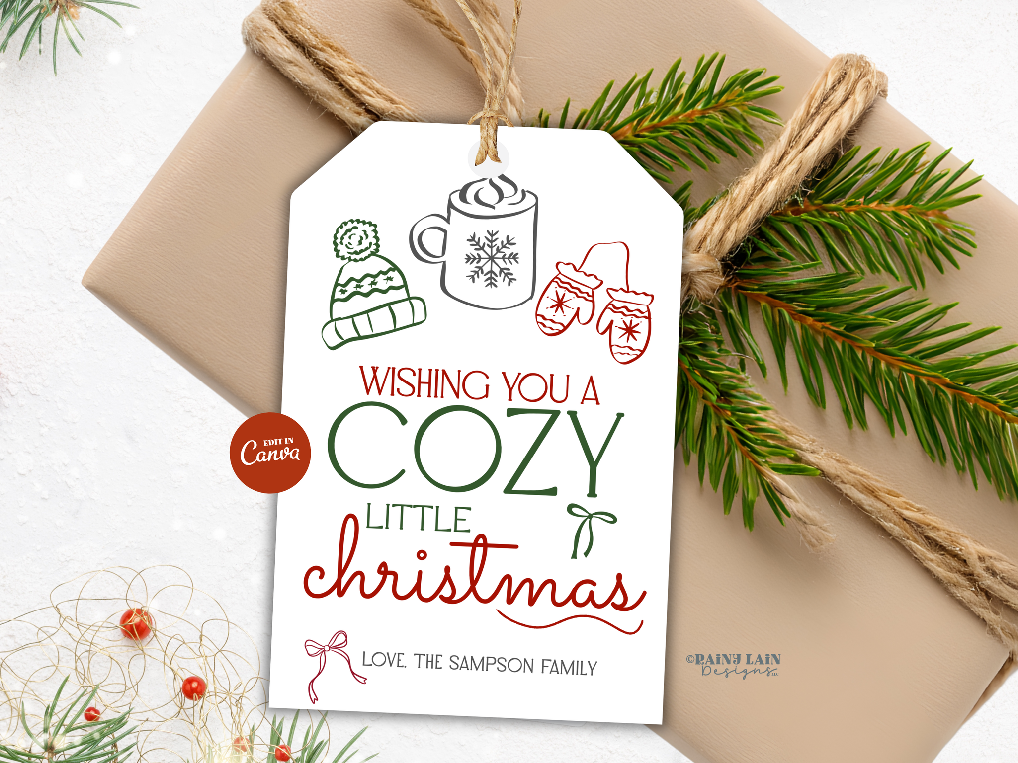 Cozy and Bright Christmas Mug Gift Tag, Hand Drawn, Coquette, Printable and Editable Canva