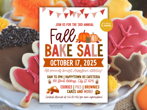 Editable Fall Bake Sale Flyer, Invitation Template, Canva Template