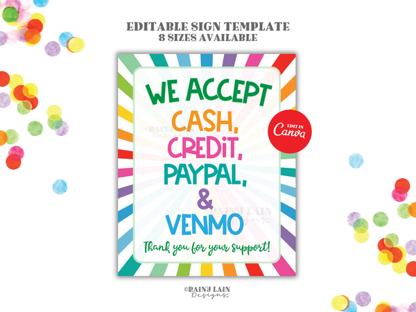 We Accept Cash and Credit Cards Sign Editable PayPal Venmo Cookie Booth Printable Bake Sale Fundraiser Bakery Craft Show Handmade Payment
