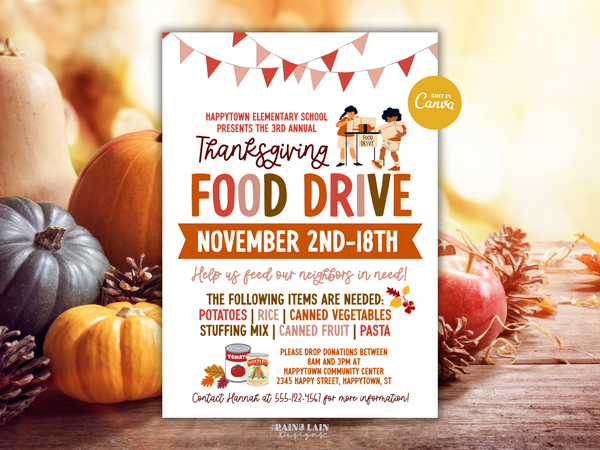 Thanksgiving Food Drive Flyer, Fundraiser Canva Template, Editable Invitation