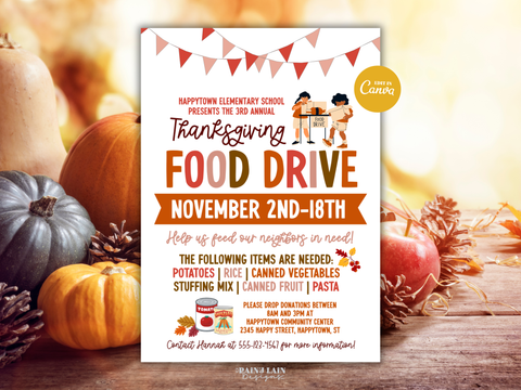 Thanksgiving Food Drive Flyer, Fundraiser Canva Template, Editable Invitation