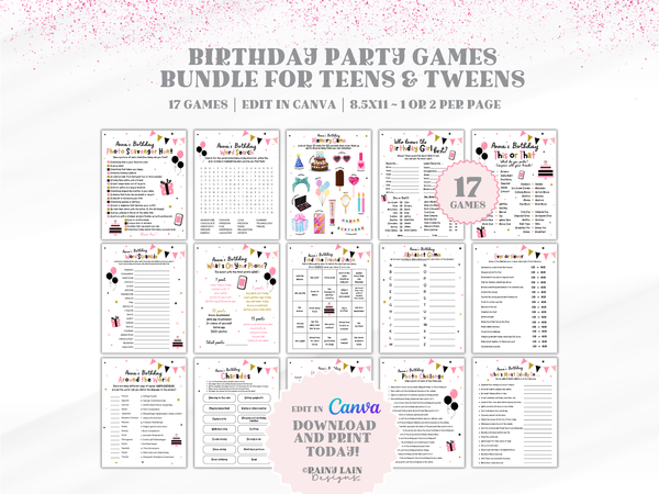 Printable Teen Birthday Party Games, Teen Girl Birthday Party Games Bundle, Editable Birthday Scavenger Hunt for Tweens and Teens, 17 Games