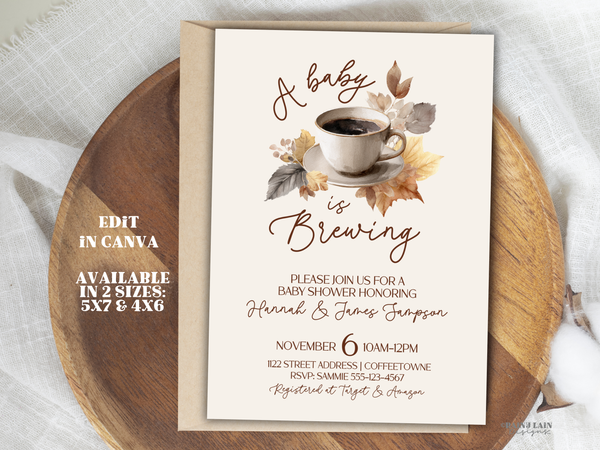 A Baby is Brewing Baby Shower Invitation, Watercolor Coffee Baby Shower Template, Editable Baby Shower Invite with Autumn Leaves