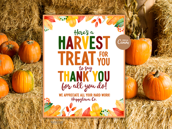 Harvest Treat Thank you Sign, Fall Appreciation Card, Thanksgiving Editable Canva Template