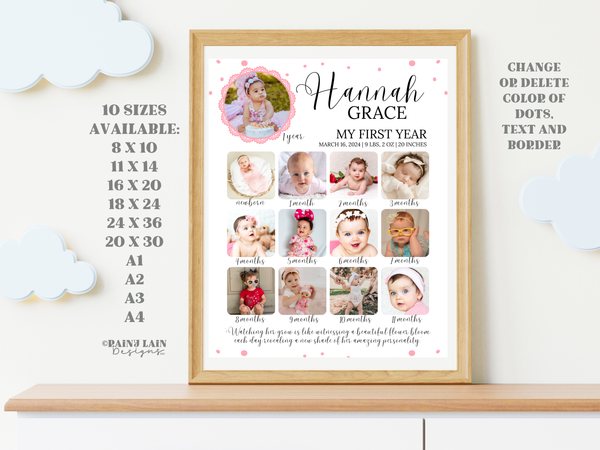 Milestone Birthday Sign, Printable Baby's First Year Poster Template, Editable 1st Birthday Milestone Board, 1st Birthday Photo Collage Sign