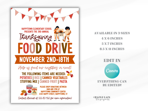 Thanksgiving Food Drive Flyer, Fundraiser Canva Template, Editable Invitation