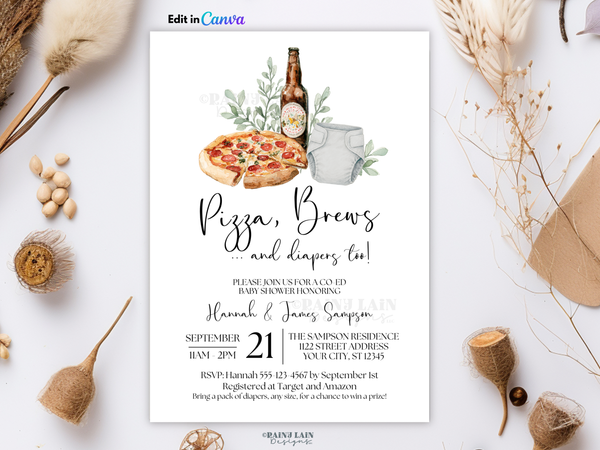 Pizza Brews & Diapers Too Baby Shower Invite, Gender Neutral, Co-Ed, Editable Canva Template