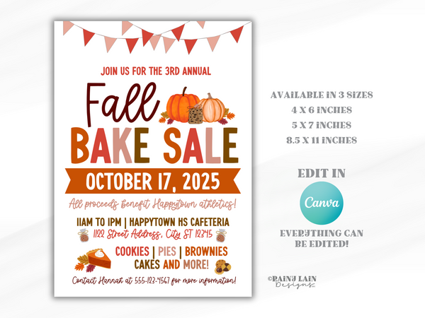 Editable Fall Bake Sale Flyer, Invitation Template, Canva Template