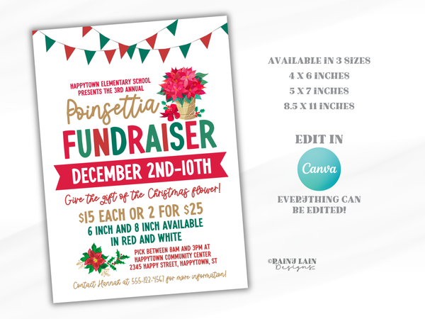 Poinsettia Fundraiser Flyer, Christmas Flower Canva Template, Editable Invitation