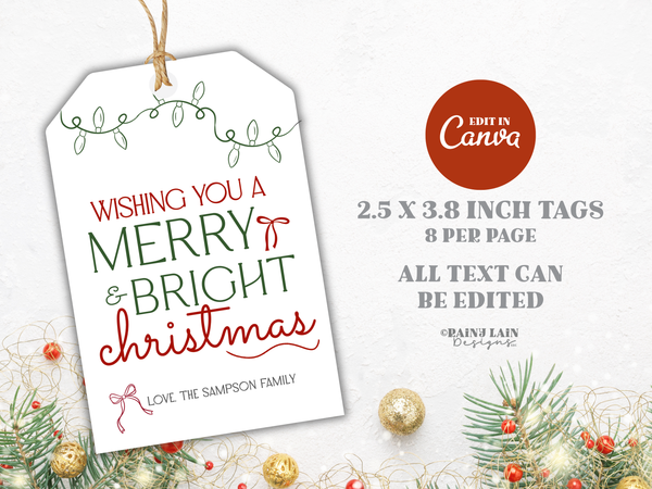 Merry and Bright Christmas Gift Tag, Hand Drawn, Coquette, Printable and Editable Canva