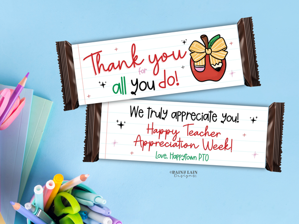 Teacher Appreciation Week Candy Bar Wrapper Printable, Teacher & Staff Thank You Treat Wapper, Editable in Canva