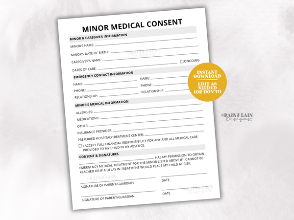 Minor Medical Consent Form, New Patient Form, Babysitter Information, In Case of Emergency